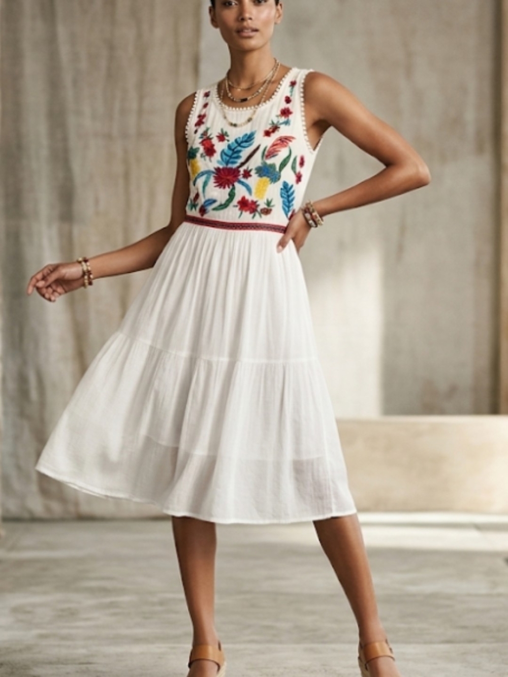 Mirror Image White Floral Embroidered Boho Midi Dress XL